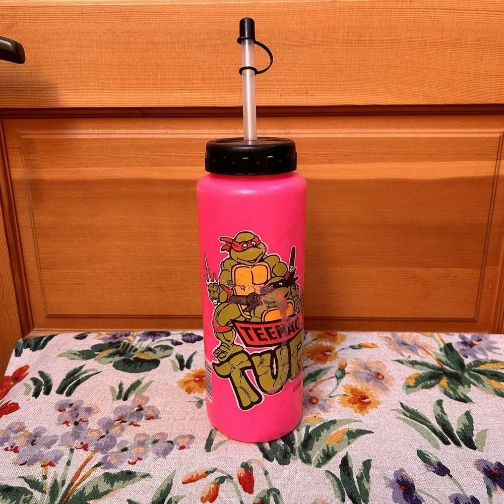 VTG 80s TMNT Teenage Mutant Ninja Turtles Water Bottle Straw Cap Pink Retro GLOW